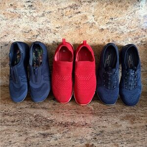 Skechers BUNDLE OF 3 slip on sneakers.
Ultimate comfort! 
1 pair of red, 2 navy.